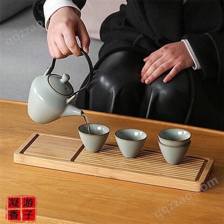 游子凝香龙泉青瓷 天青釉 整套功夫茶具 带茶盘一壶四杯 日式