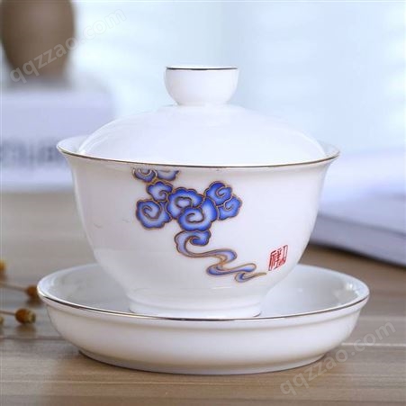 羊脂玉瓷盖碗 景德镇白瓷茶碗 带盖家用泡茶杯 描金陶瓷三才碗
