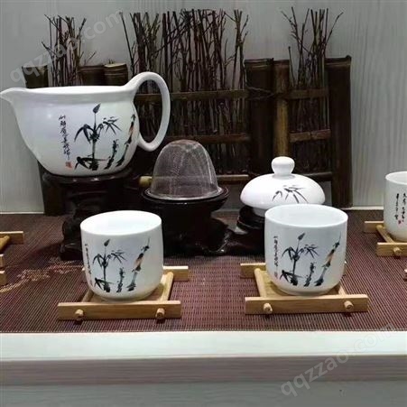陶瓷茶具礼盒套装 逢年过节雕刻茶杯礼品装 7头印花陶瓷茶具 陶瓷套装定制logo