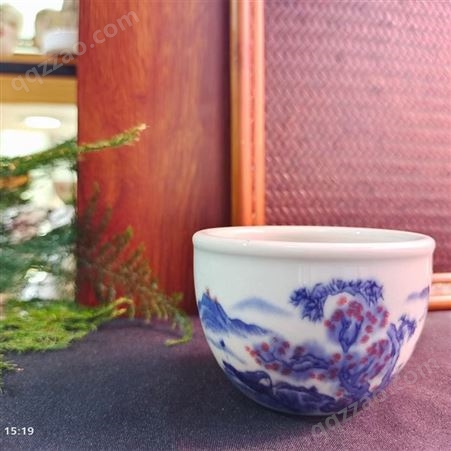 青花仿古 釉里红缸杯 家用陶瓷茶具 亮丽陶瓷