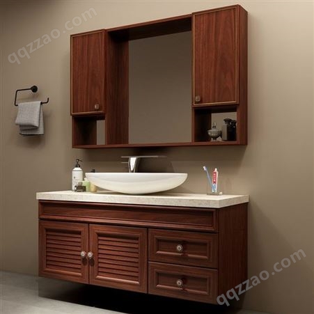 华铝家居现代简约铝合金浴室柜组合石英石台面卫生间柜子红胡桃色