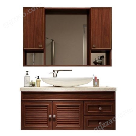 华铝家居现代简约铝合金浴室柜组合石英石台面卫生间柜子红胡桃色