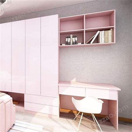 全屋定制卧室 粉色衣柜一字型衣帽间 流行储物柜家具