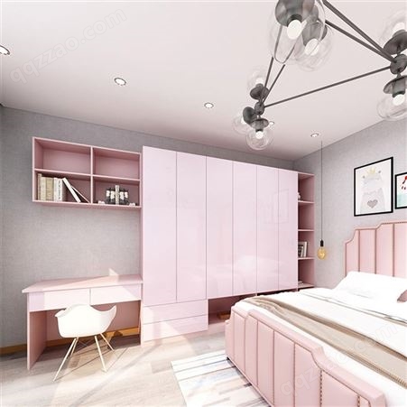 全屋定制卧室 粉色衣柜一字型衣帽间 流行储物柜家具