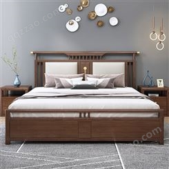 广东新中式实木床1.8皮靠背床 胡桃木双人床设计 主卧室简约实木高箱储物床批发